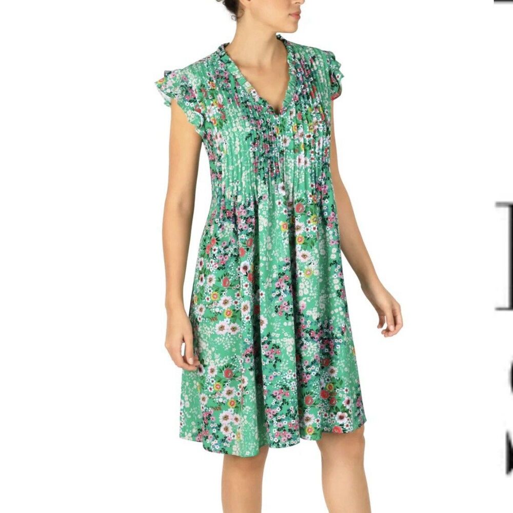 Julia Jordan Floral Ruffle Neck Short Sleeve Green‎ Pink Midi Dress Size 14 NEW
